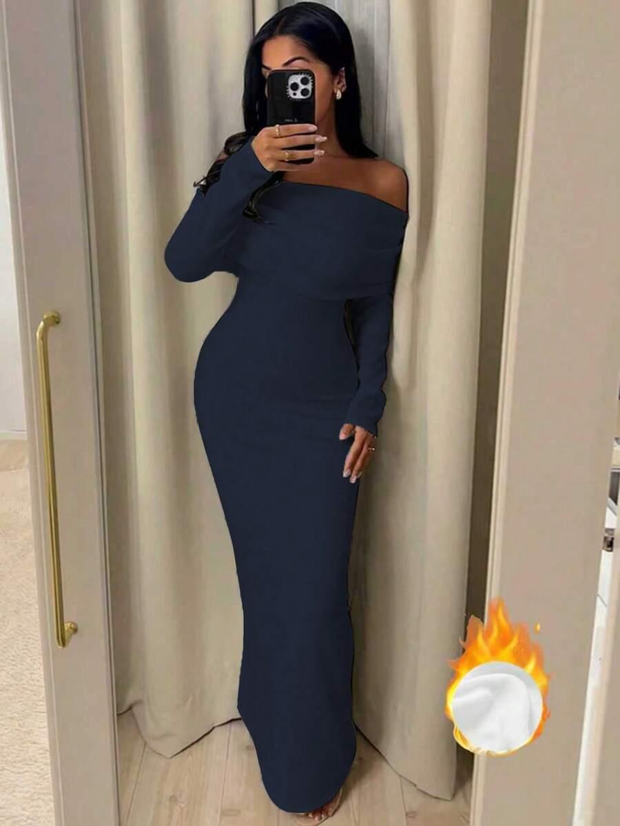SHEIN GRANATOWA MAXI SUKIENKA DŁUGI RĘKAW S06__L