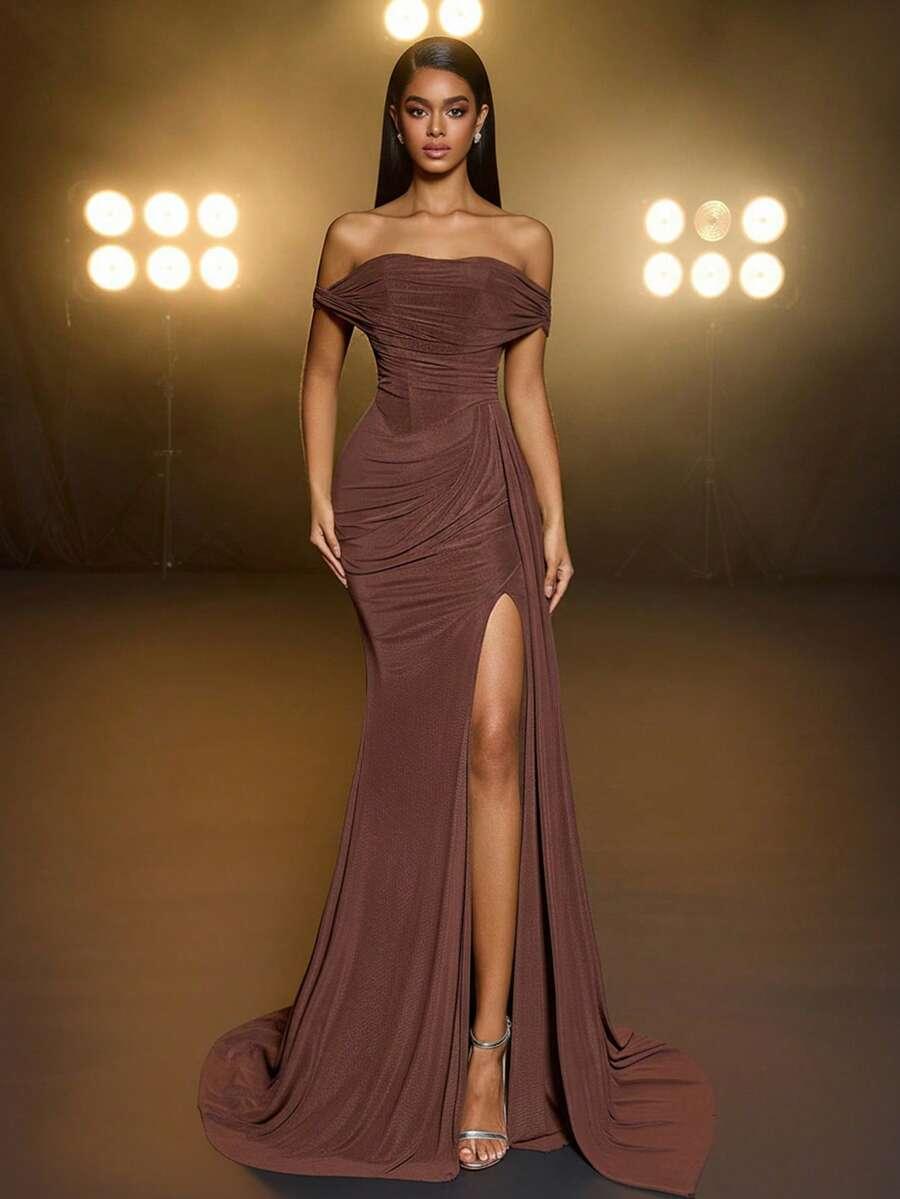 SHEIN BRĄZOWA MAXI SUKIENKA NA JEDNO RAMIĘ S06__S