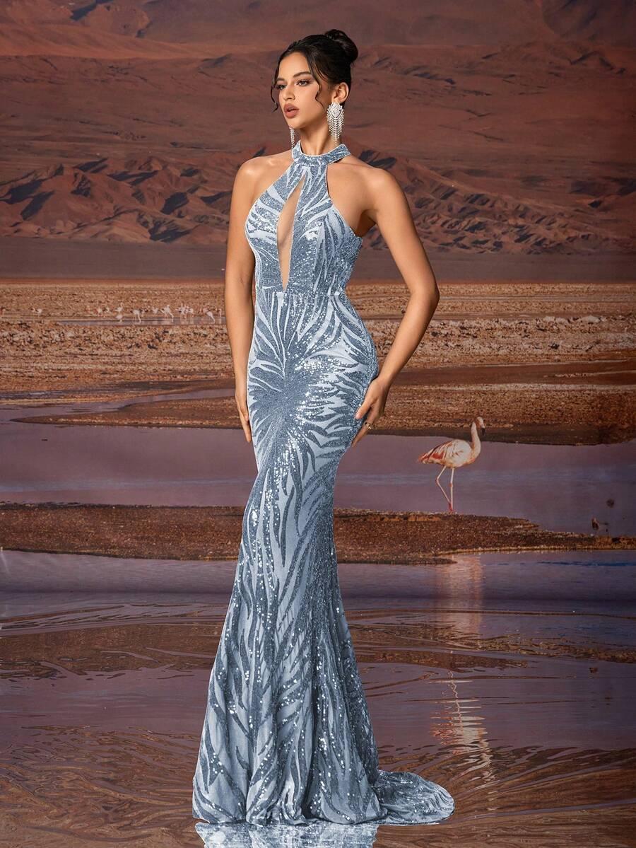 SHEIN NIEBIESKA MAXI SUKIENKA POŁYSK S09__M