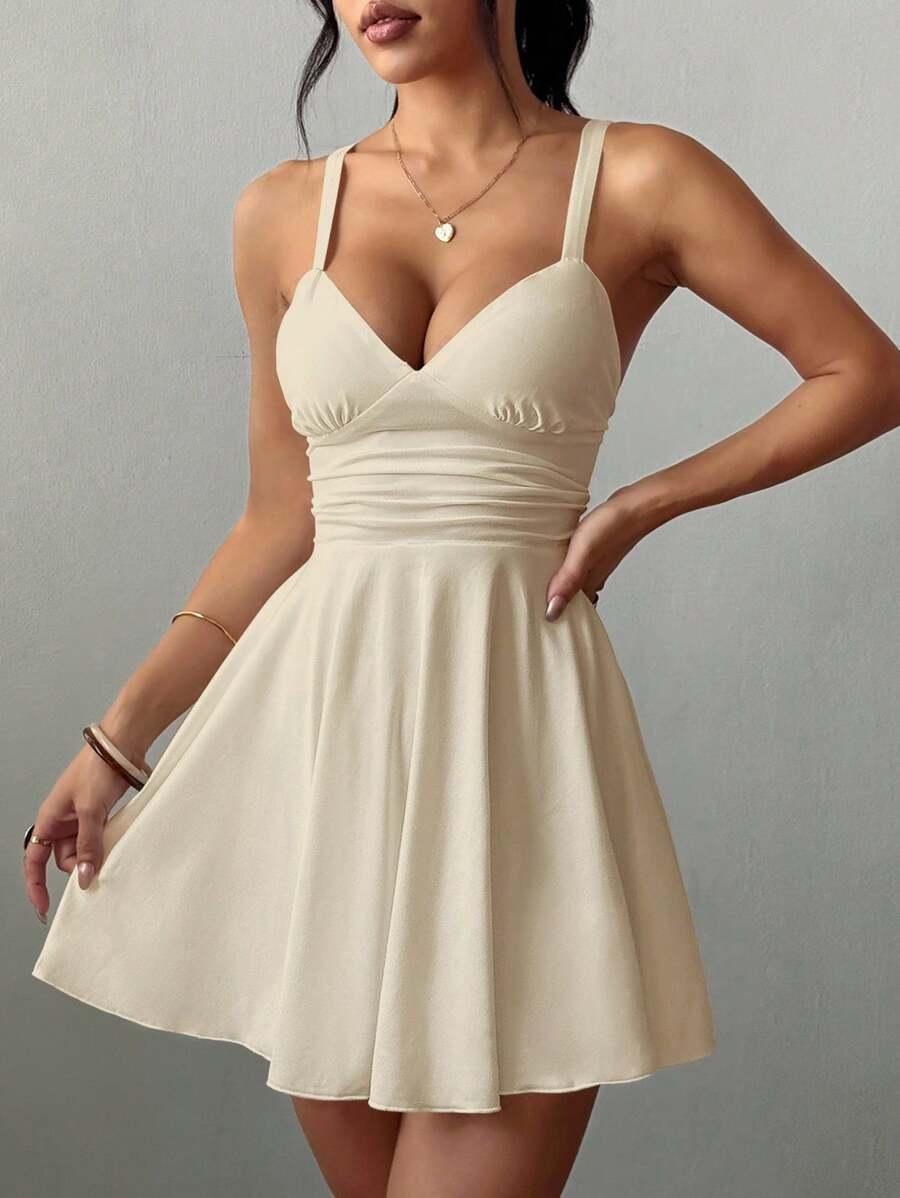 BREEZAYA BEŻOWA MINI SUKIENKA V-NECK S06__M