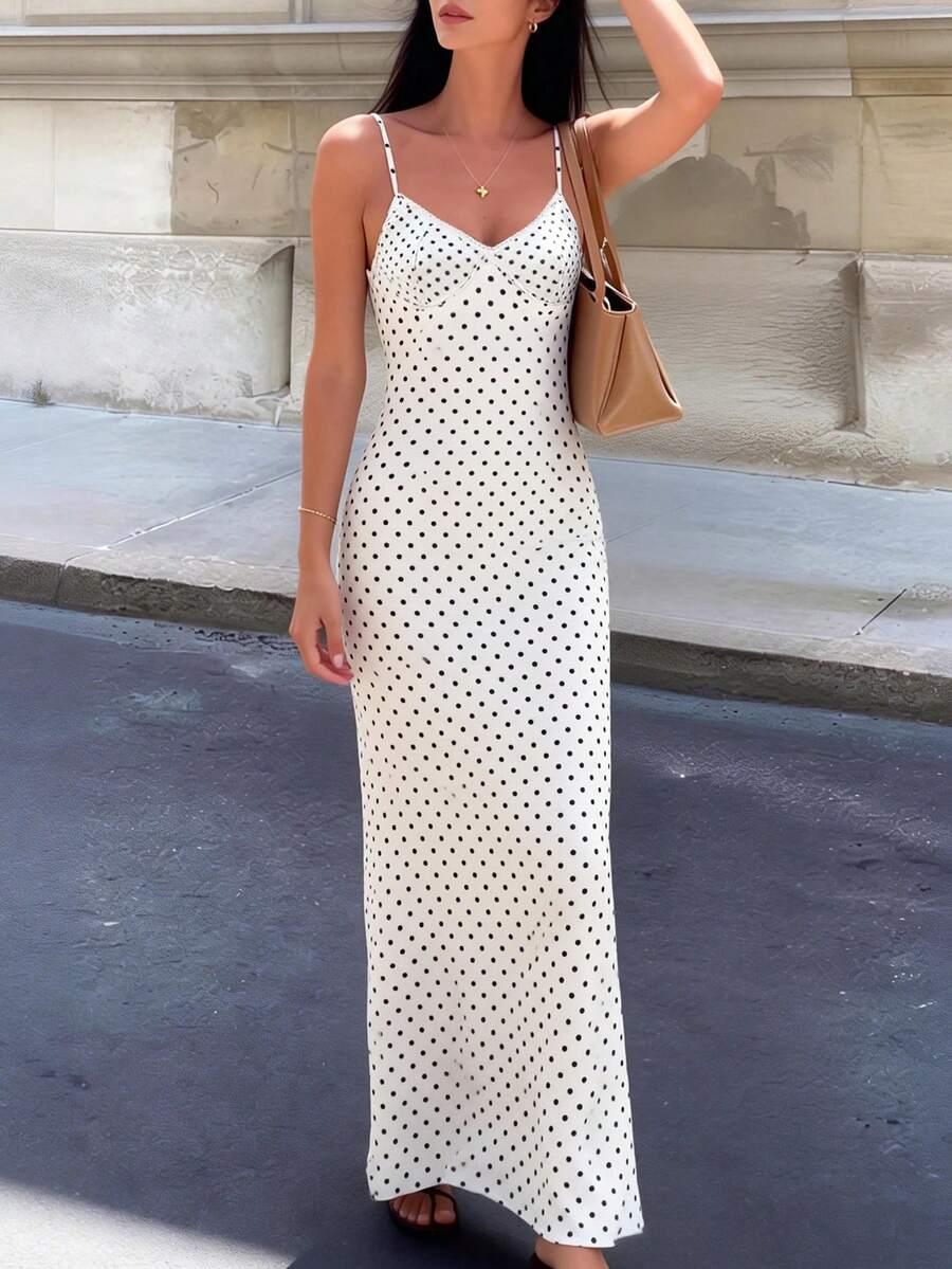 SHEIN MAXI SUKIENKA NA RAMIĄCZKACH W GROSZKI S09__S