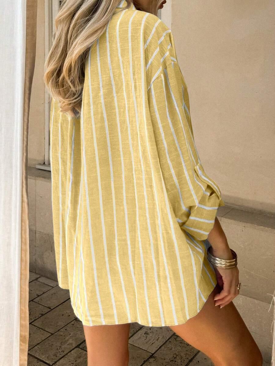 SHEIN ŻÓŁTA KOSZULA DŁUGI RĘKAW WZÓR PASKI PK01__XS