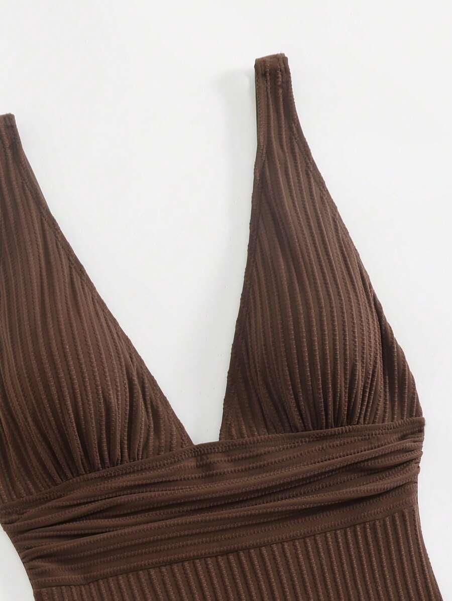 SHEIN BRĄZOWY STRÓJ KĄPIELOWY JEDNOCZĘŚCIOWY S09__L