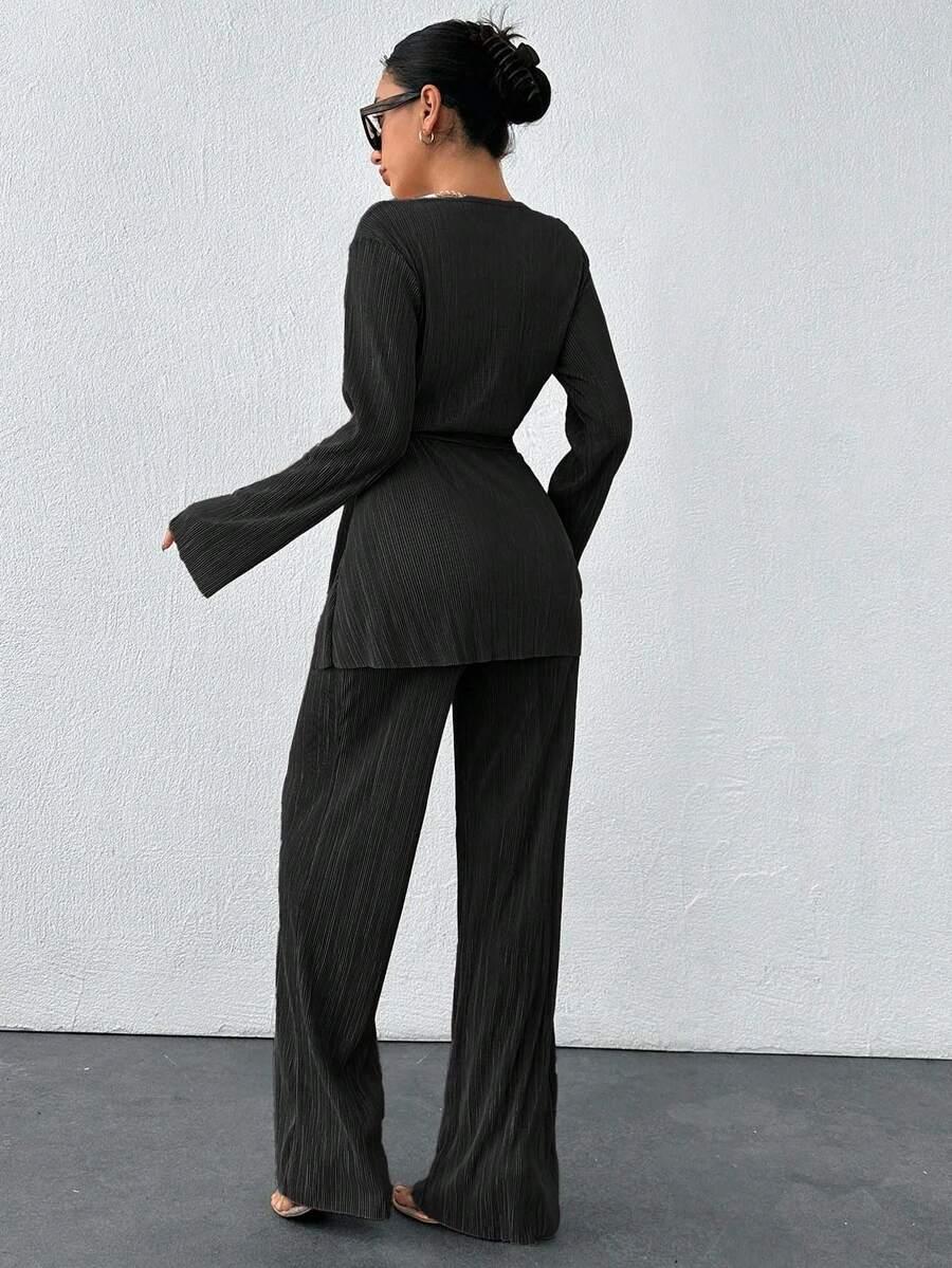 SHEIN PLISOWANY KOMPLET BLUZKA SPODNIE S06__S