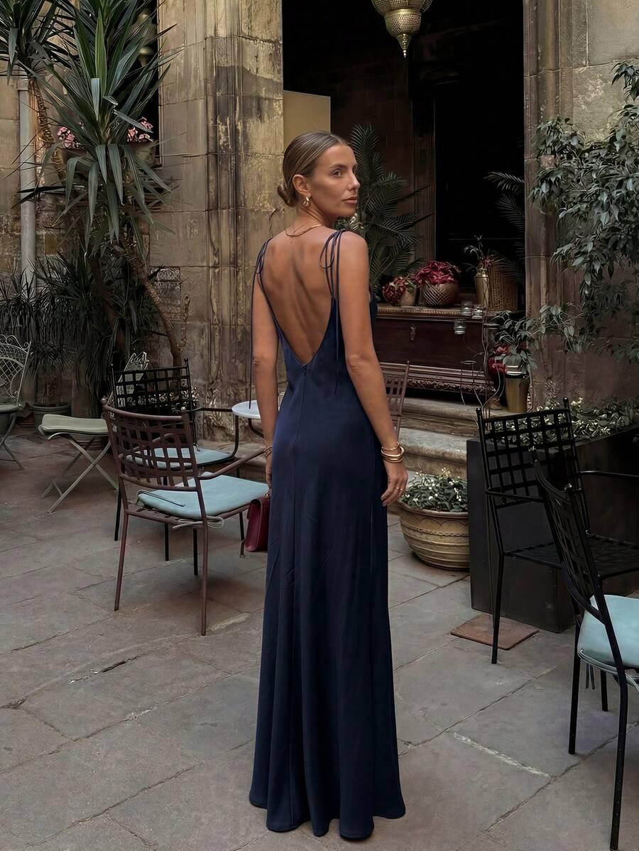 SHEIN GRANATOWA MAXI SUKIENKA ODKRYTE PLECY S06__XS
