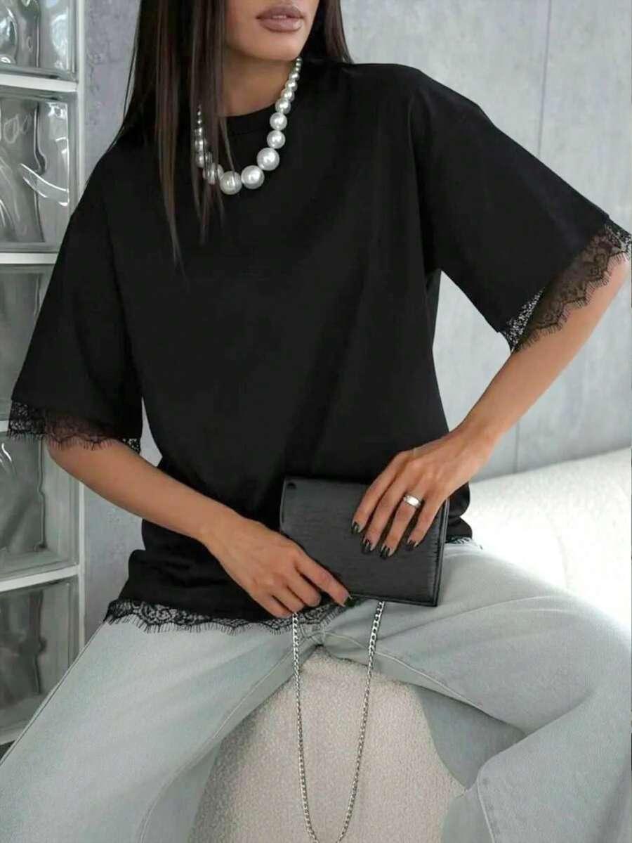 SHEIN CZARNY T-SHIRT KORONKA S06__S