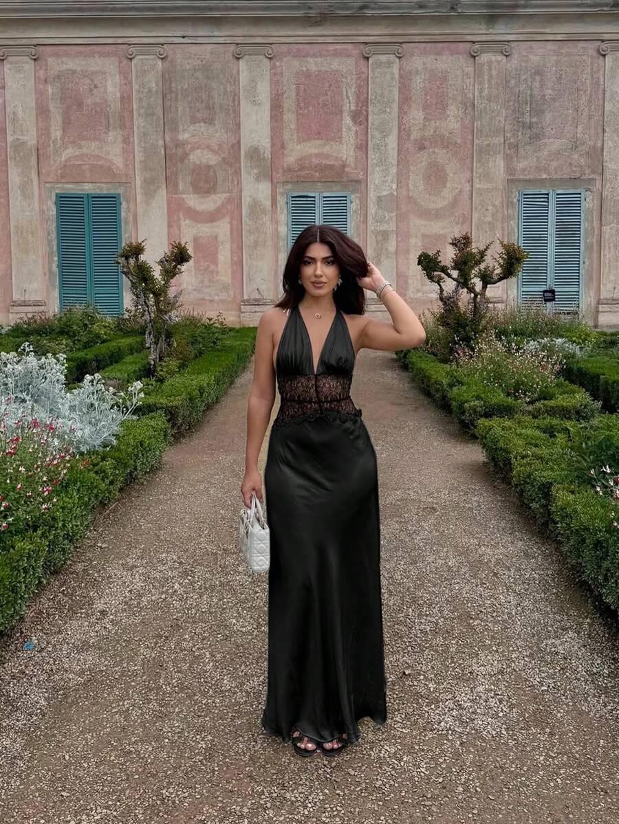 SHEIN CZARNA SATYNOWA MAXI SUKIENKA KORONKA S06__S