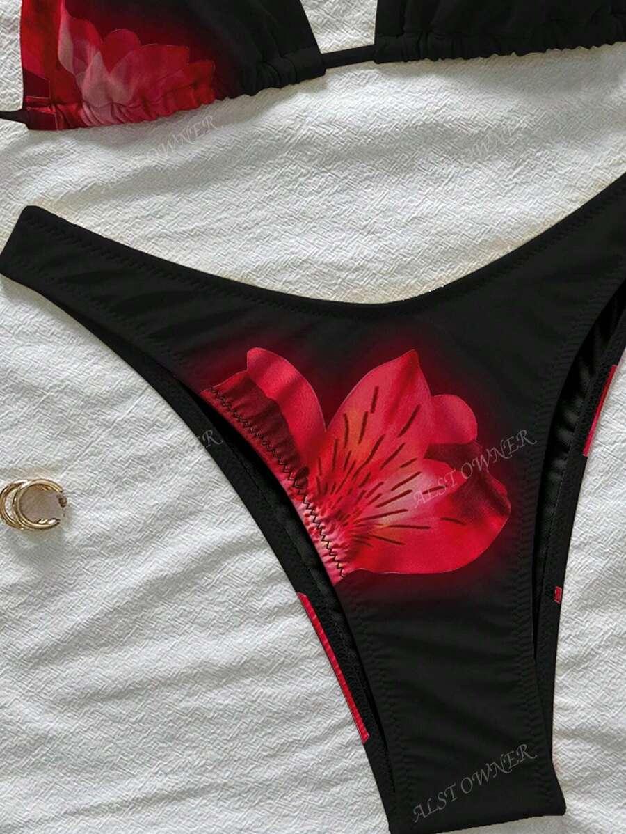 SHEIN CZARNY DWUCZĘŚCIOWY STRÓJ KĄPIELOWY WZÓR KWIATY S09__XS