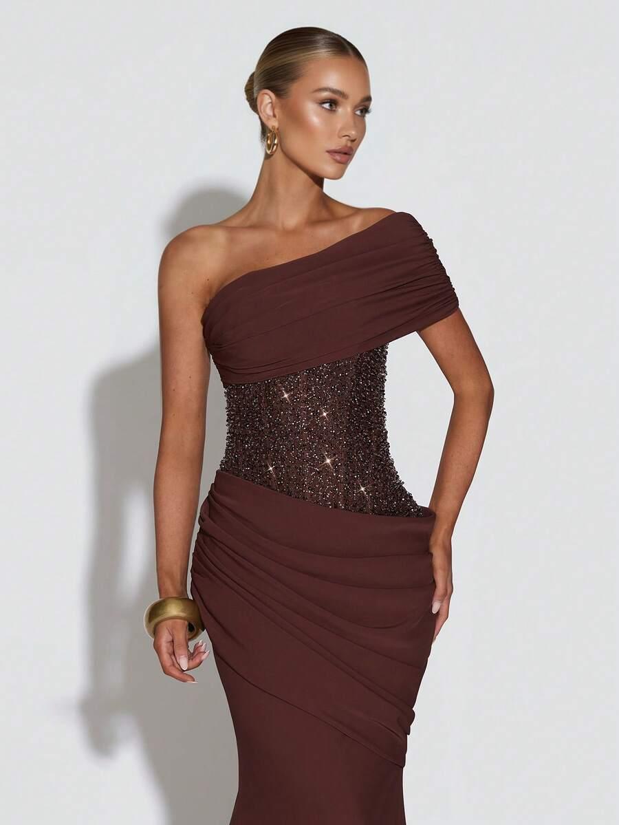SHEIN BRĄZOWA MAXI SUKIENKA CEKINY S06__S