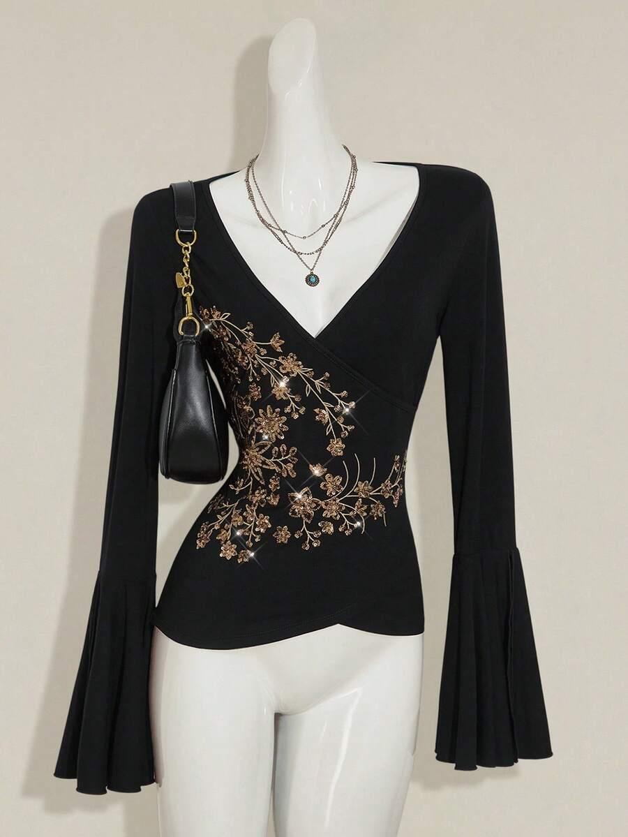 SHEIN CZARNA BLUZKA ZDOBIENIE S06__L