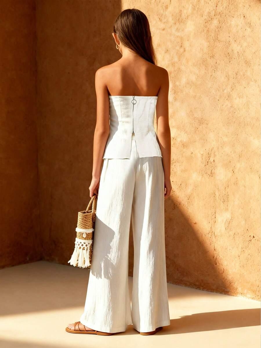 SHEIN BEŻOWY KOMPLET TOP SPODNIE S06__140-146