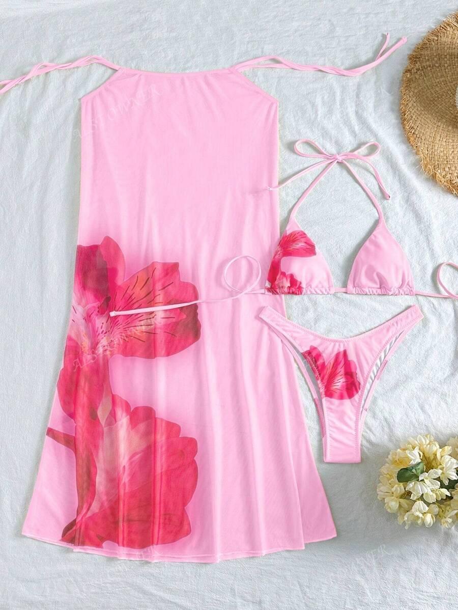SHEIN RÓŻOWY TRZYCZĘŚCIOWY STRÓJ KĄPIELOWY KOMPLET S09__XS