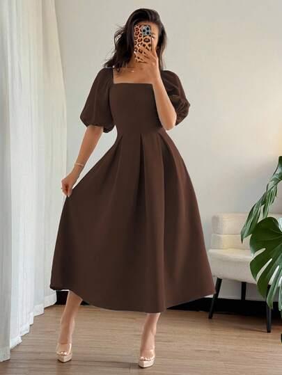 SHEIN BRĄZOWA SUKIENKA BUFIASTE RĘKAWY S06__S