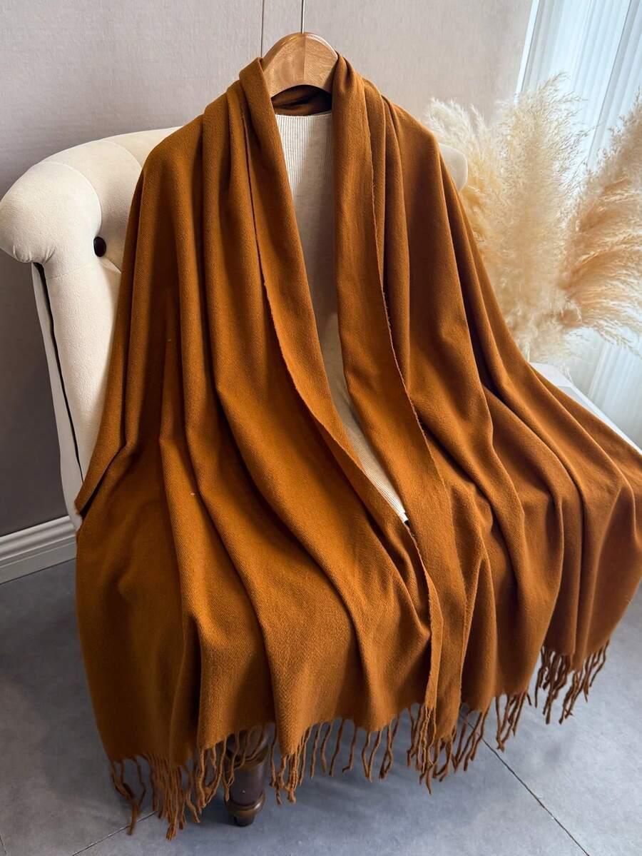 SHEIN BRĄZOWY SZALIK FRĘDZLE W01__70X175CM