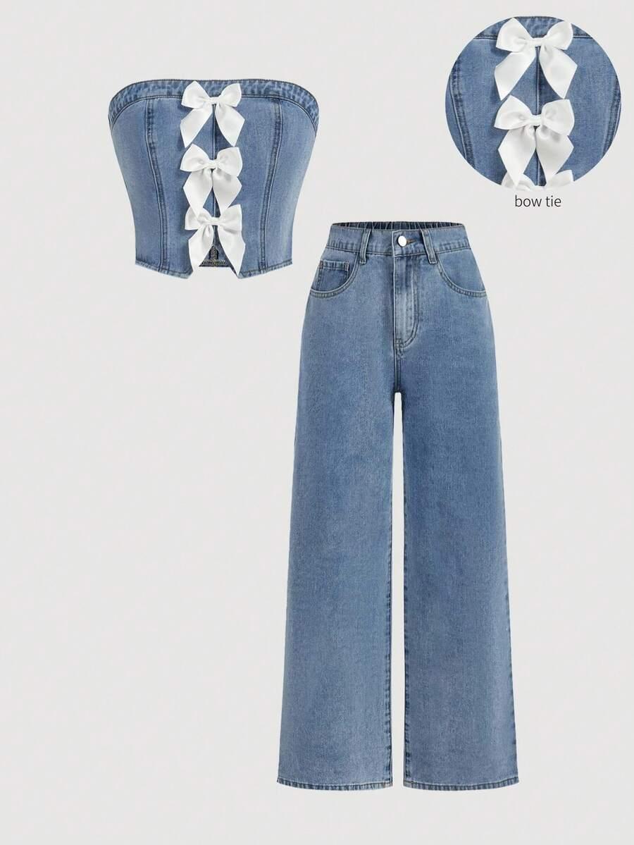 SHEIN SPODNIE TOP KOMPLET JEANSOWY S06__L
