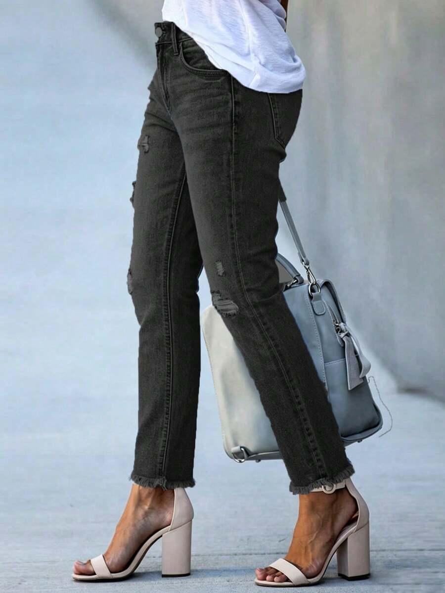 SHEIN CZARNE SPODNIE JEANS PRZETARCIA S06__L