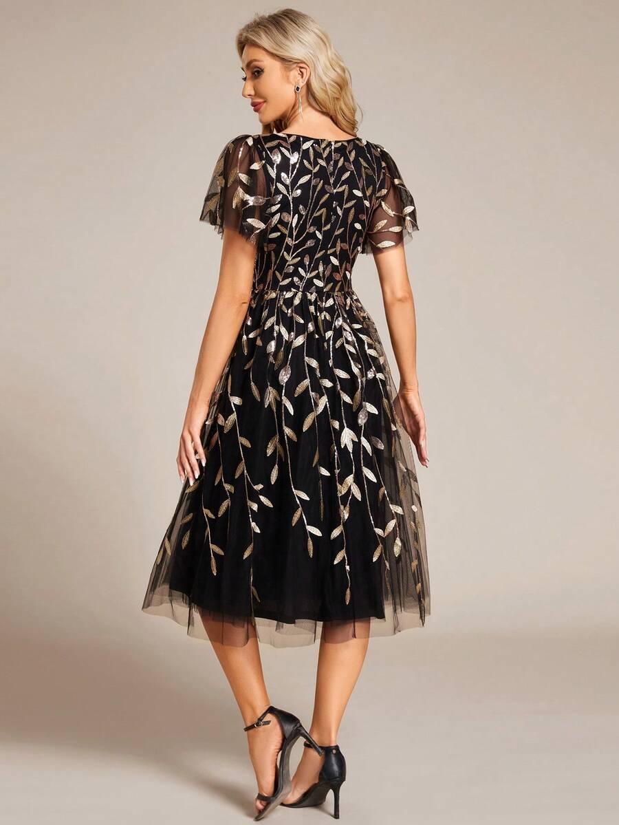 EVER PRETTY ROZKLOSZOWNA MIDI SUKIENKA CEKINY V NECK POŁYSK PK01__L