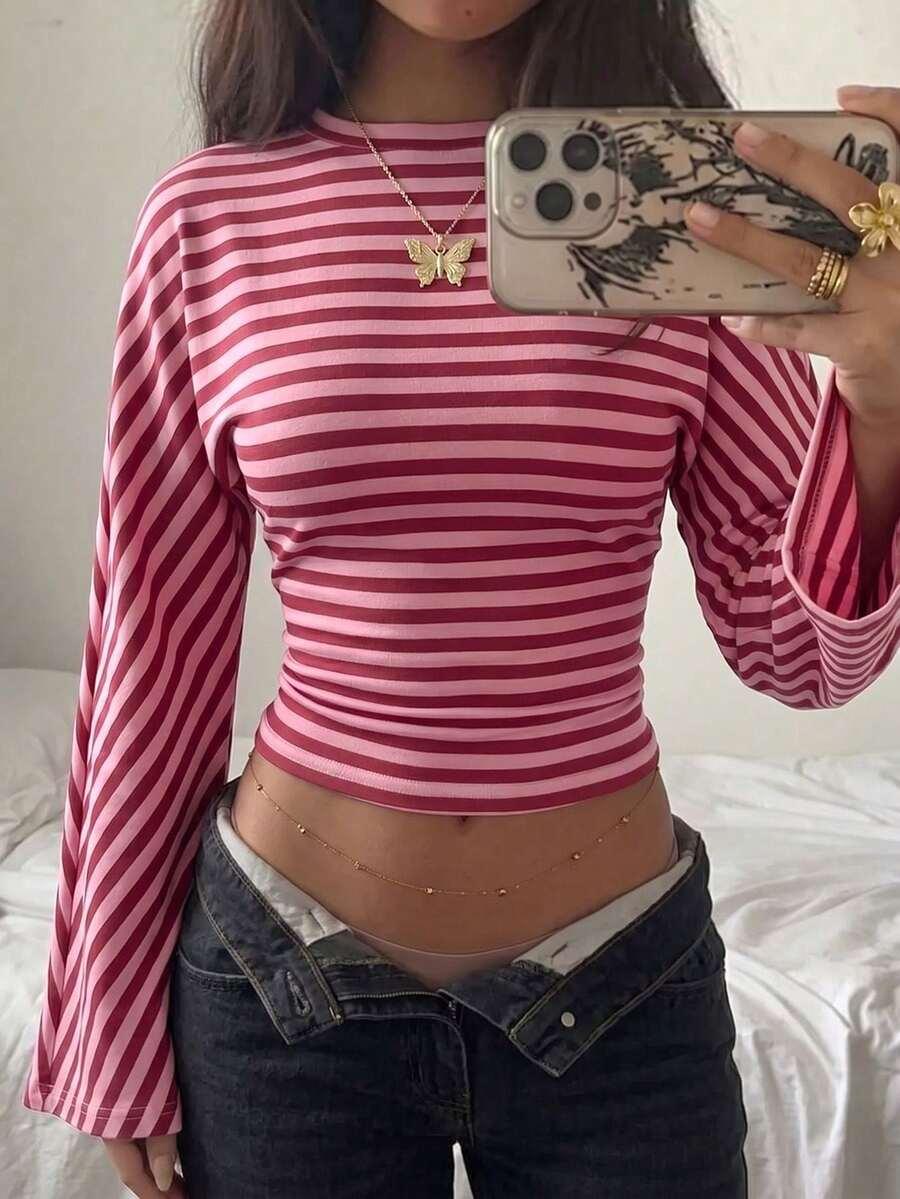 SHEIN BLUZKA SZEROKIE RĘKAWY WZÓR PASKI S06__M