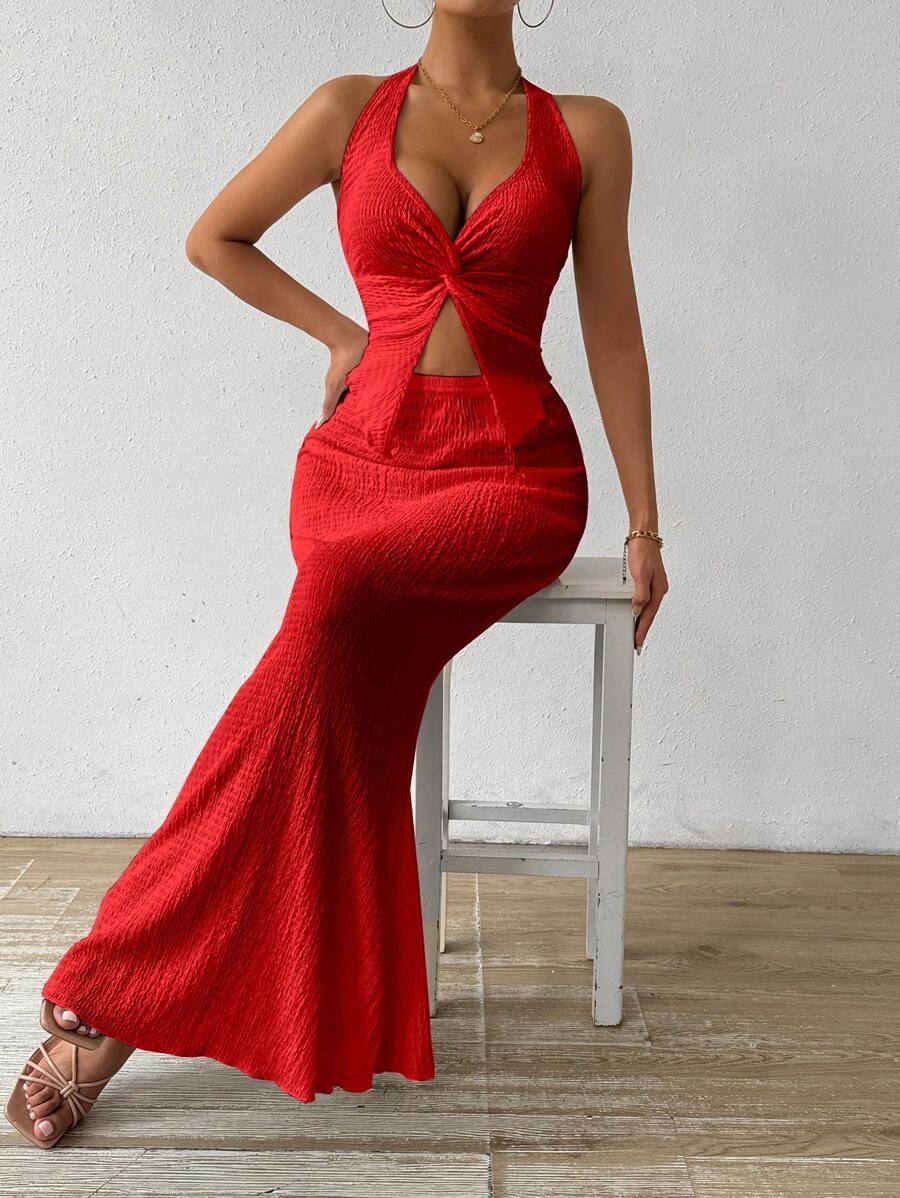 SHEIN CZERWONY KOMPLET TOP MAXI SPÓDNICA TEKSTURA S06__L