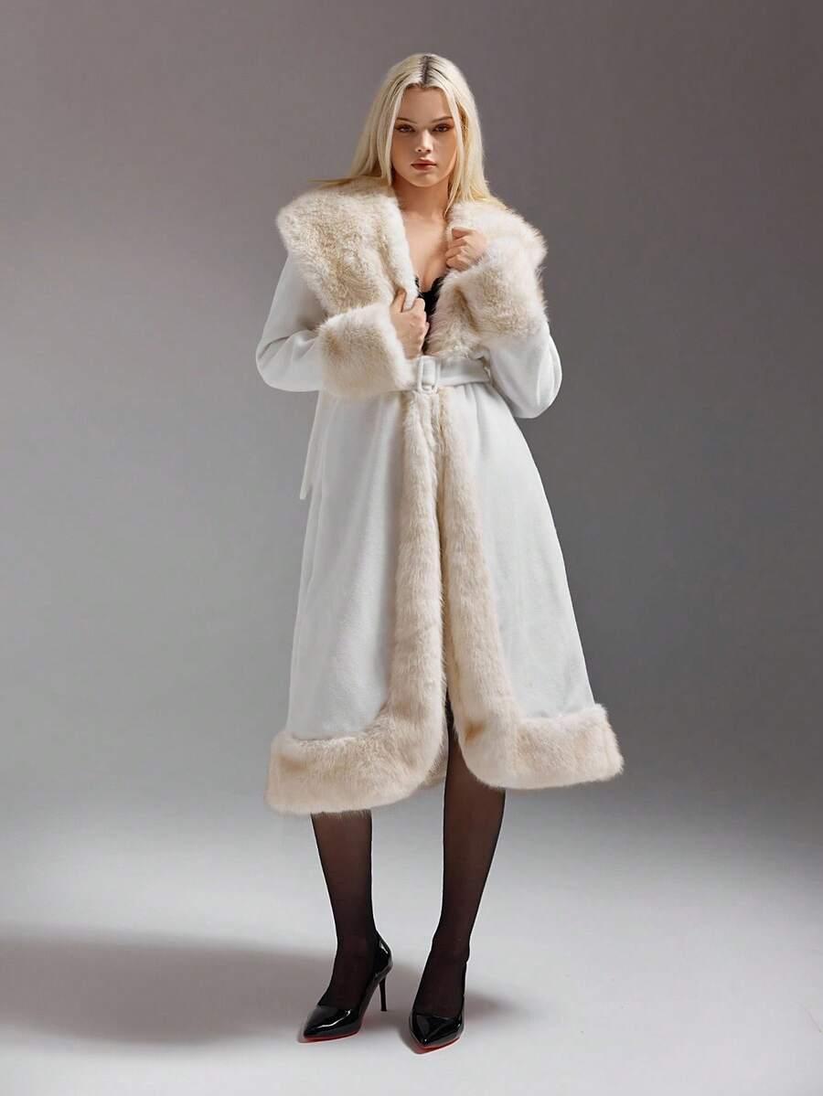 SHEIN BIAŁY KLASYCZNY PŁASZCZ SZTUCZNE FUTRO W01__XS