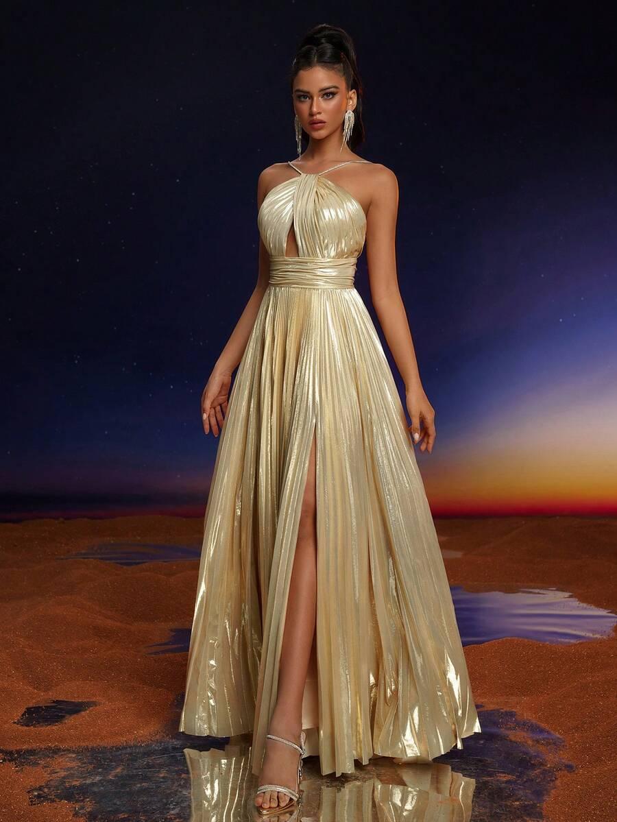 SHEIN ZŁOTA MAXI SUKIENKA POŁYSK S06__XL