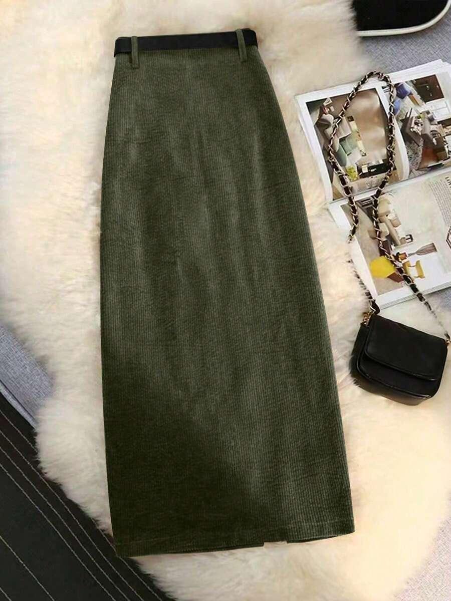 SHEIN ZIELONA MIDI SPÓDNICA ROZCIĘCIE PK01__S