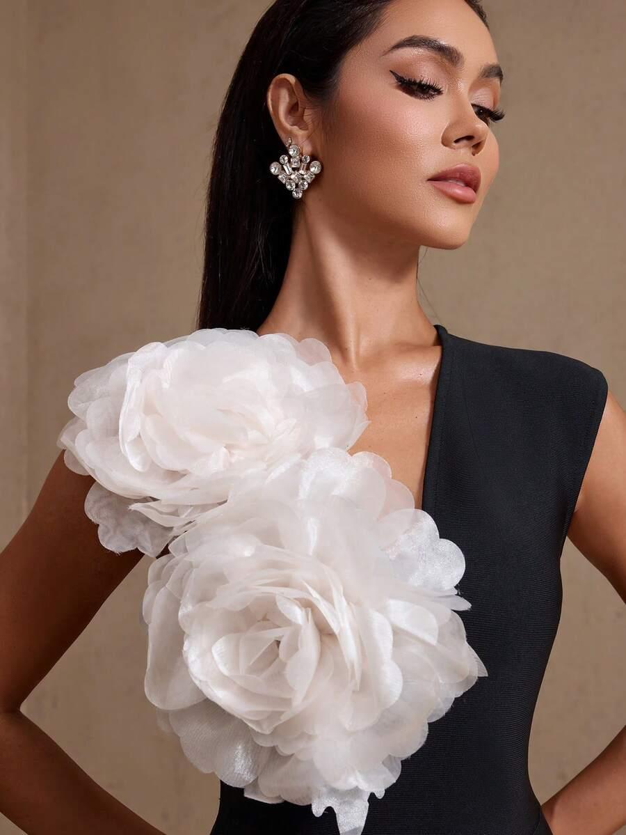 SHEIN CZARNA SUKIENKA ZDOBIENIE KWIATY S06__M