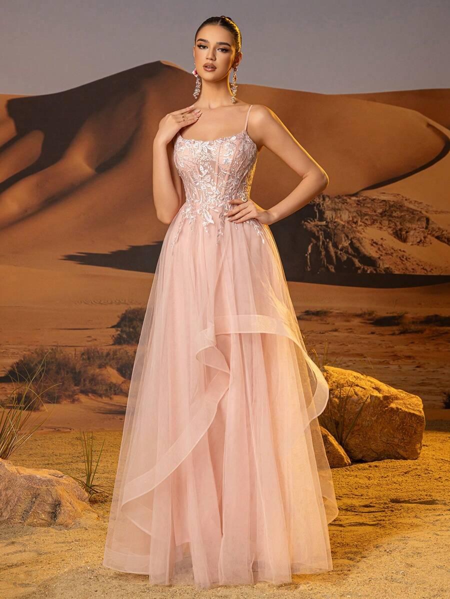 SHEIN RÓŻOWA MAXI SUKIENKA TIUL ZDOBIENIE CEKINY S06__M
