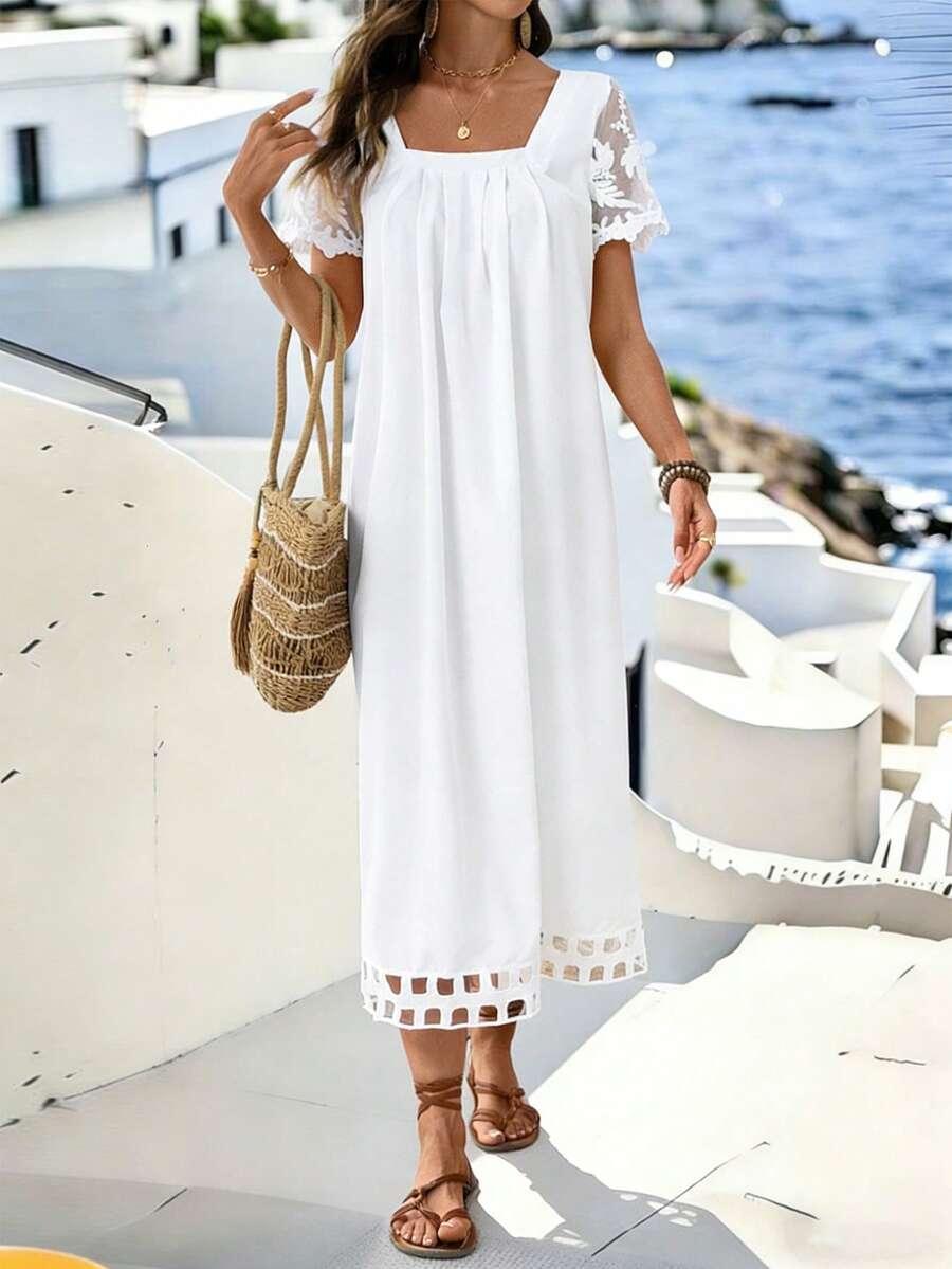 SHEIN BIAŁA MAXI SUKIENKA WSTAWKA KORONKAS