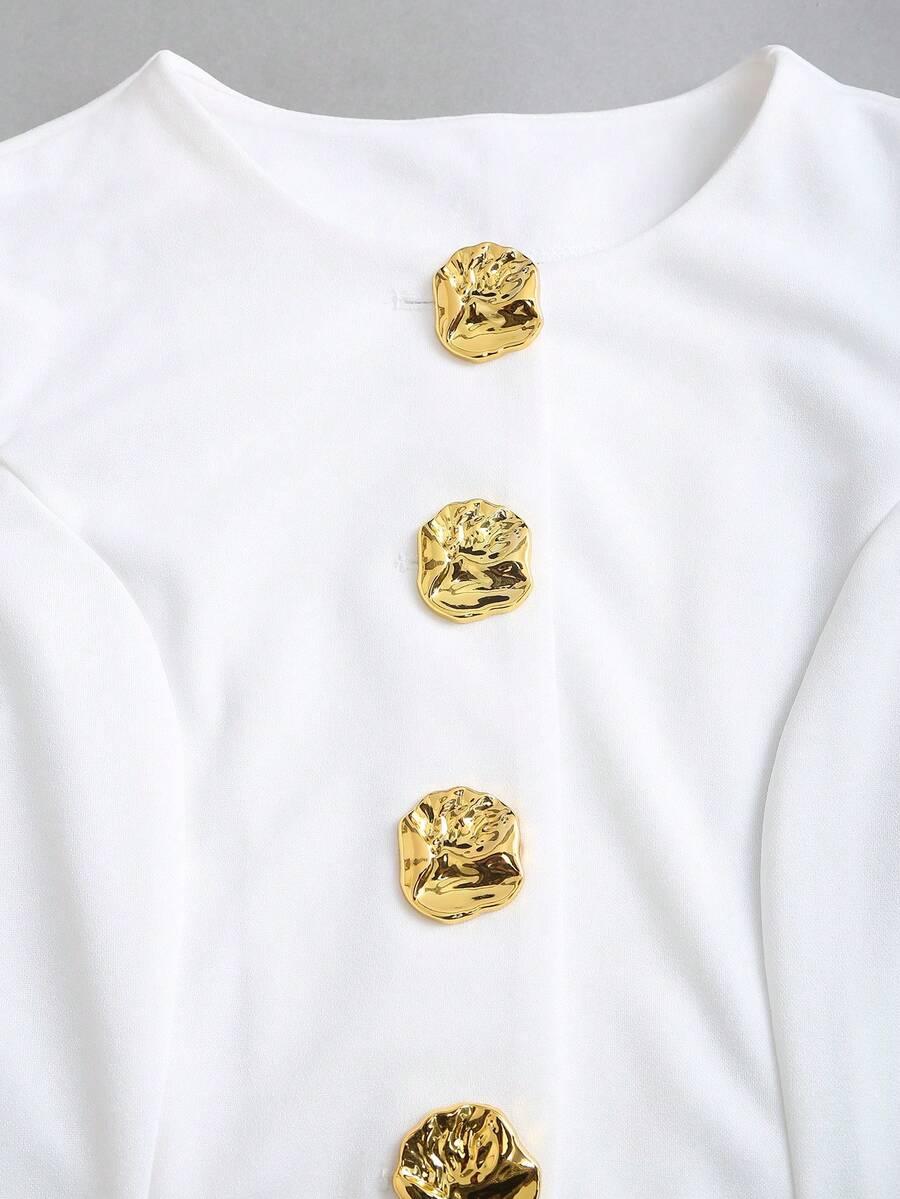 SHEIN BIAŁY TOP ZDOBIENIE GUZIKI S06__L