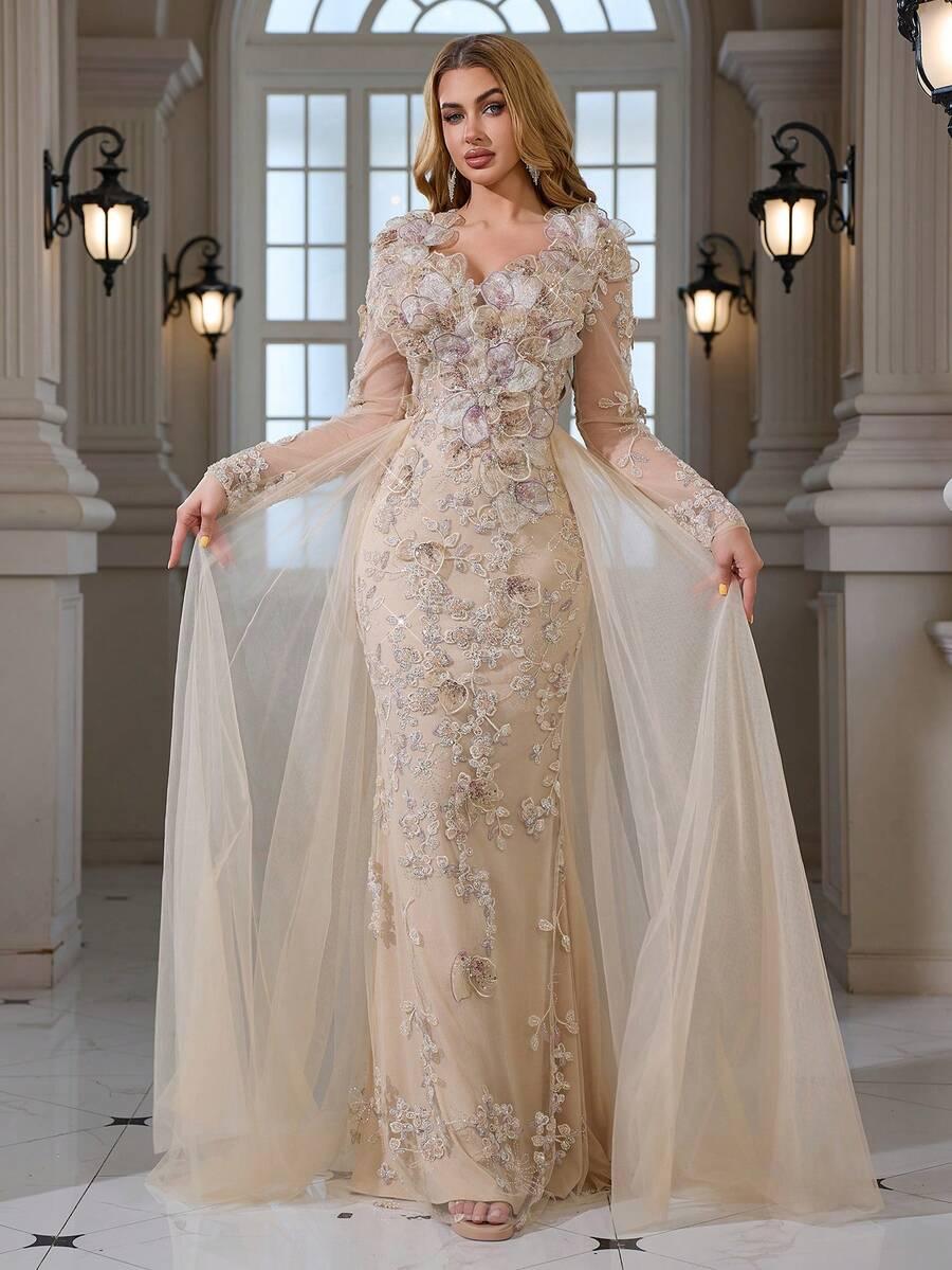 SHEIN BEŻOWA MAXI SUKIENKA TIUL ZDOBIENIE S06__M