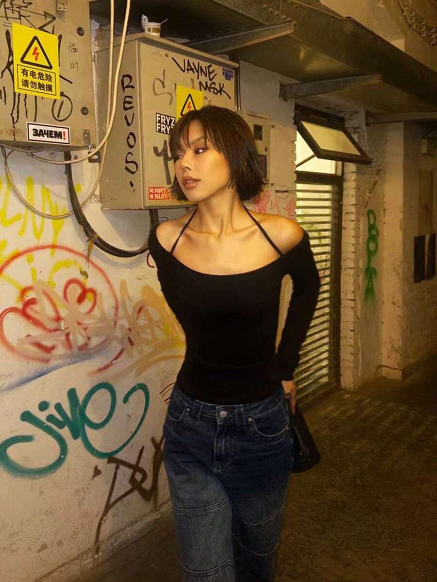 SHEIN CZARNA BLUZKA Z DŁUGIM RĘKAWEM S06__M