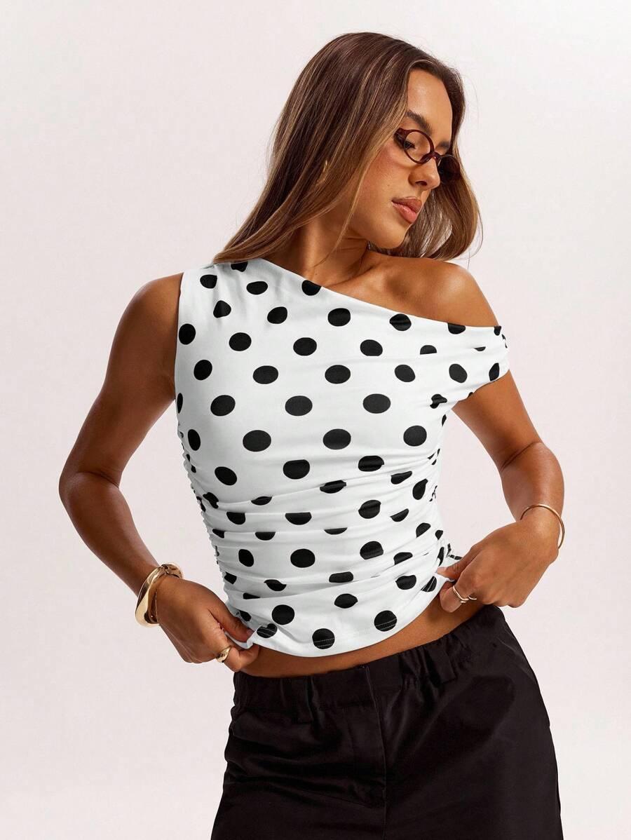 SHEIN ASYMETRYCZNY TOP WZÓR GROSZKI