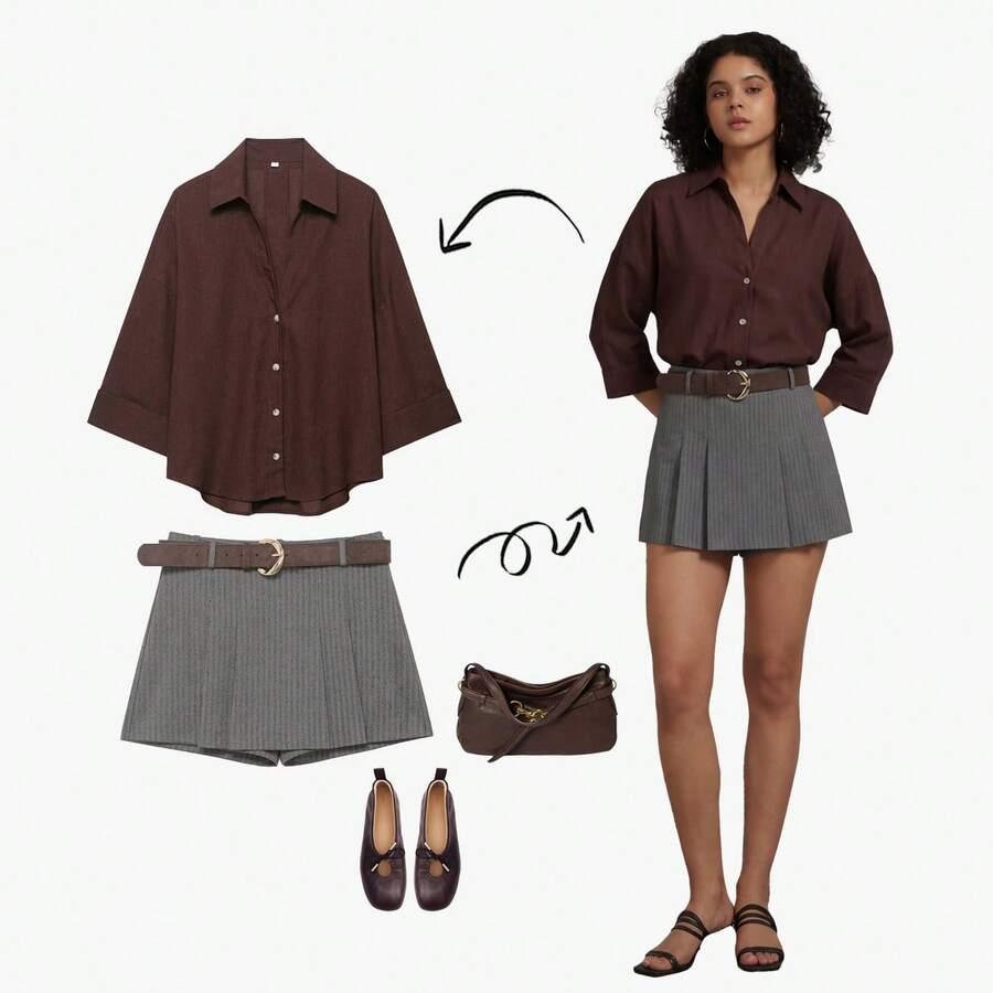 SHEIN BRĄZOWA KOSZULA Z RĘKAWEM 3/4 S06__M