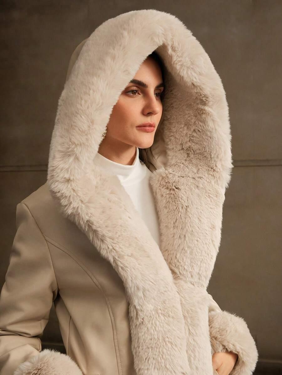 SHEIN BEŻOWY PŁASZCZ SZTUCZNE FUTRO W01__L