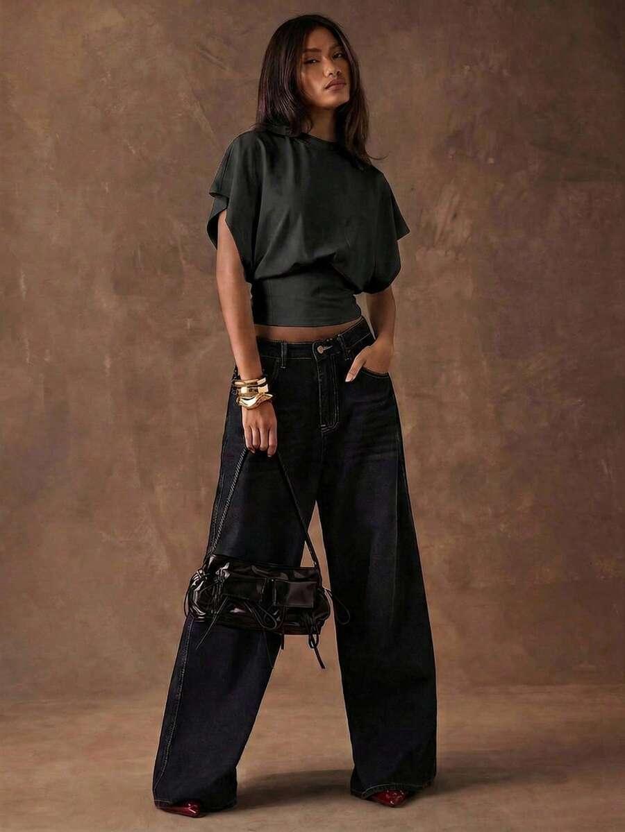SHEIN CZARNA BLUZKA KRÓTKI RĘKAW S06__S