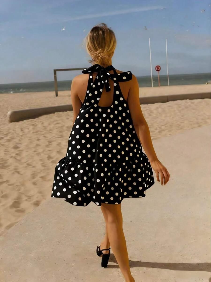 SHEIN CZARNA MINI SUKIENKA WZÓR GROSZKI PK01__L