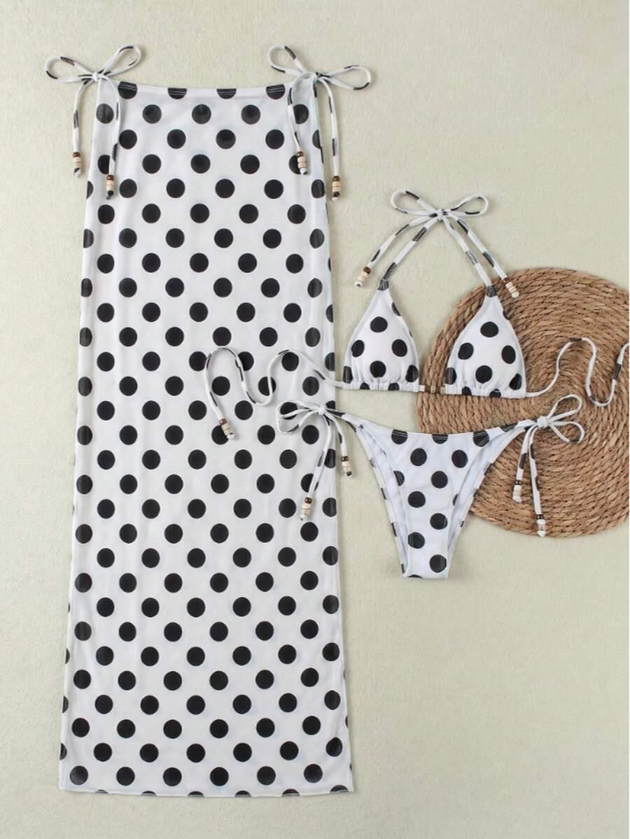 SHEIN KOMPLET DWUCZĘŚCIOWY STRÓJ KĄPIELOWY SARONG WZÓR GROSZKI S09__L