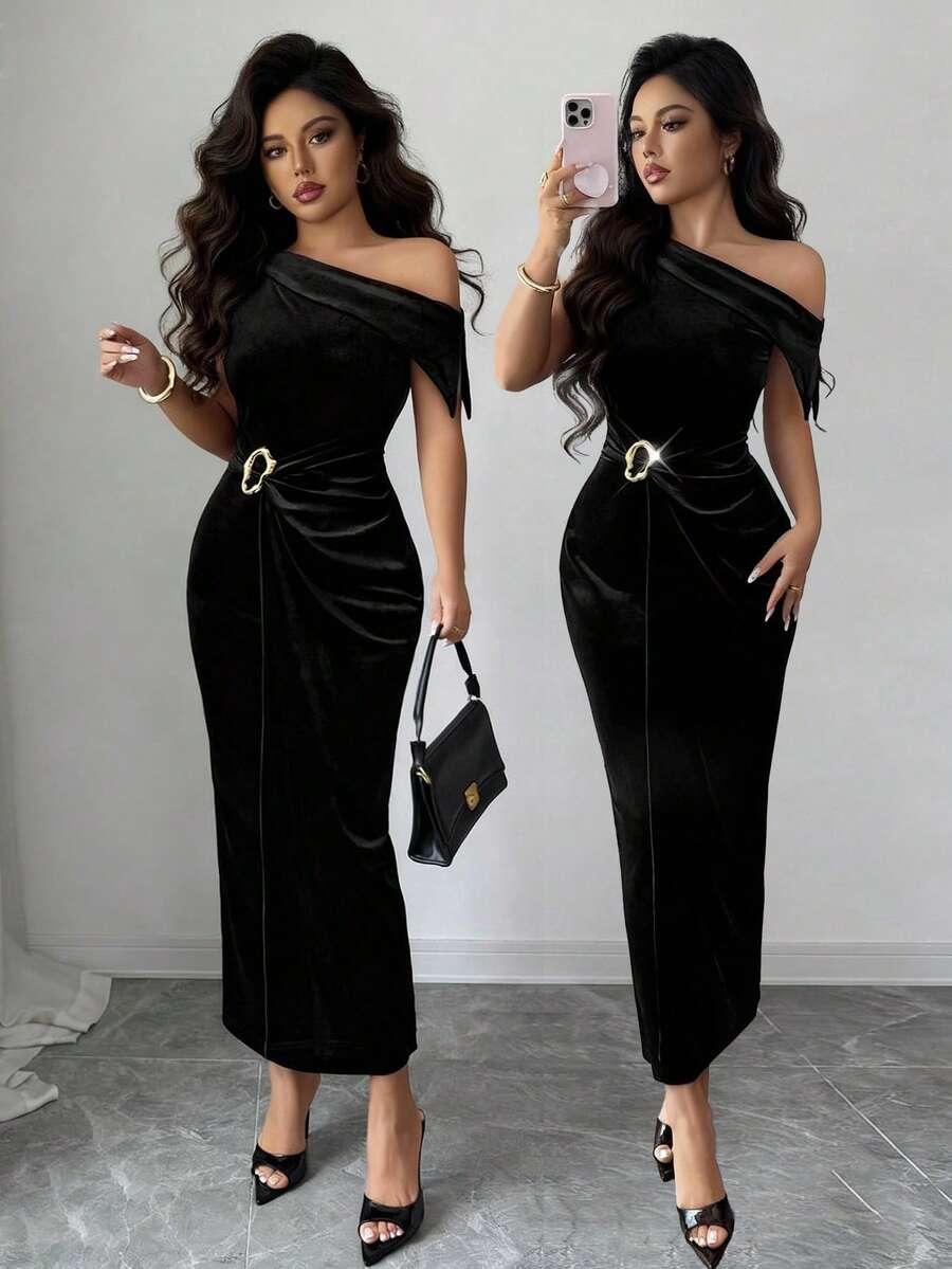 SHEIN CZARNA WELUROWA SUKIENKA ZDOBIENIE S06__M