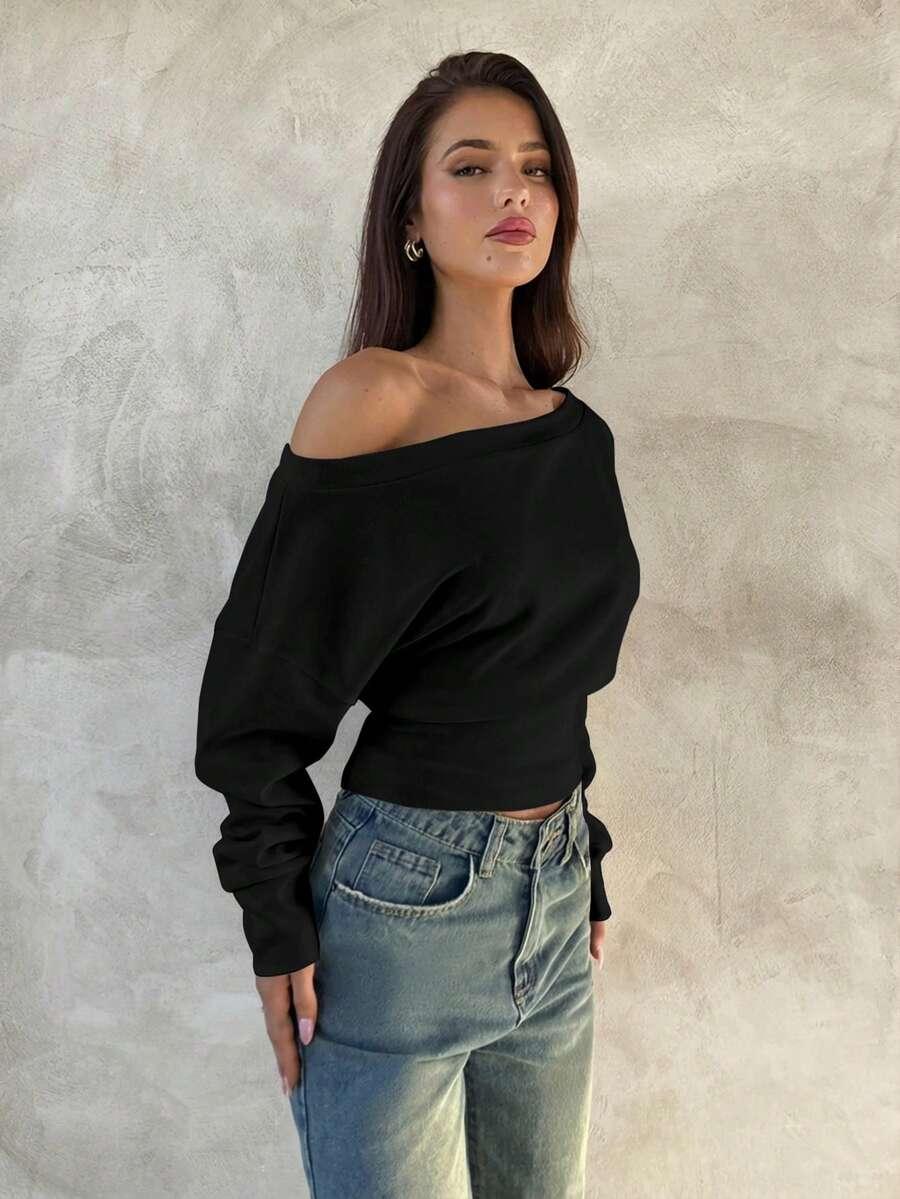 SHEIN CZARNA BLUZKA DŁUGI RĘKAW S06__S
