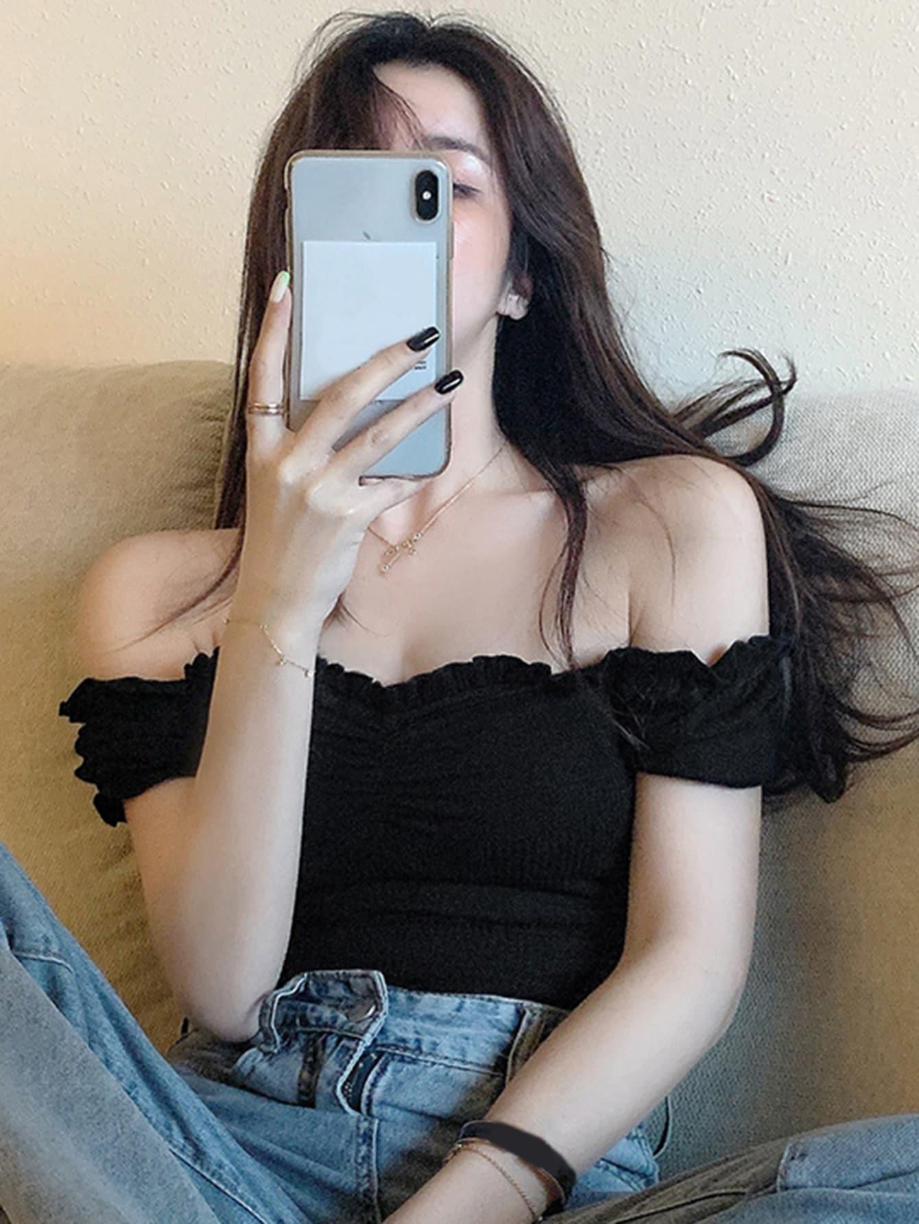 SHEIN CZARNY TOP KRÓTKI RĘKAW S06__S