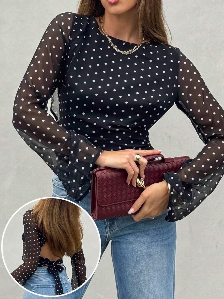 SHEIN BLUZKA WZÓR GROSZKI ODKRYTE PLECY PK01__M