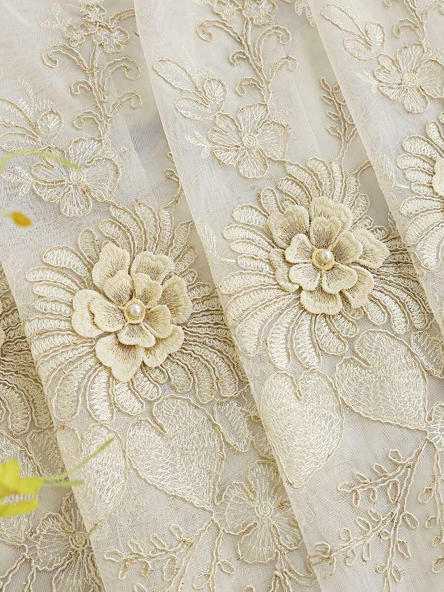SHEIN KREMOWA ZASŁONKA HAFT KWIATY S07__132X241
