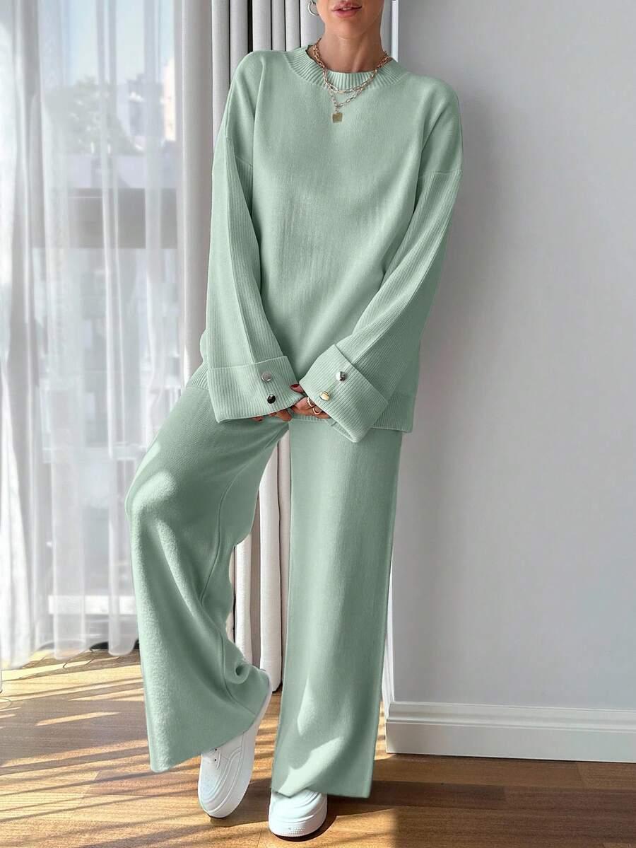 SHEIN ZIELONY KOMPLET SWETER SPODNIE DZIANINA S06__S