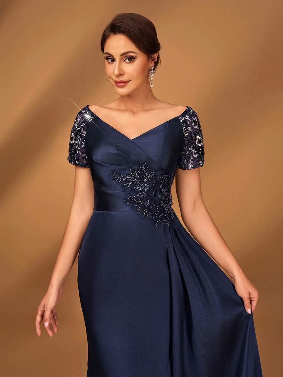 SHEIN GRANATOWA MAXI SUKIENKA ZDOBIENIE S09__L