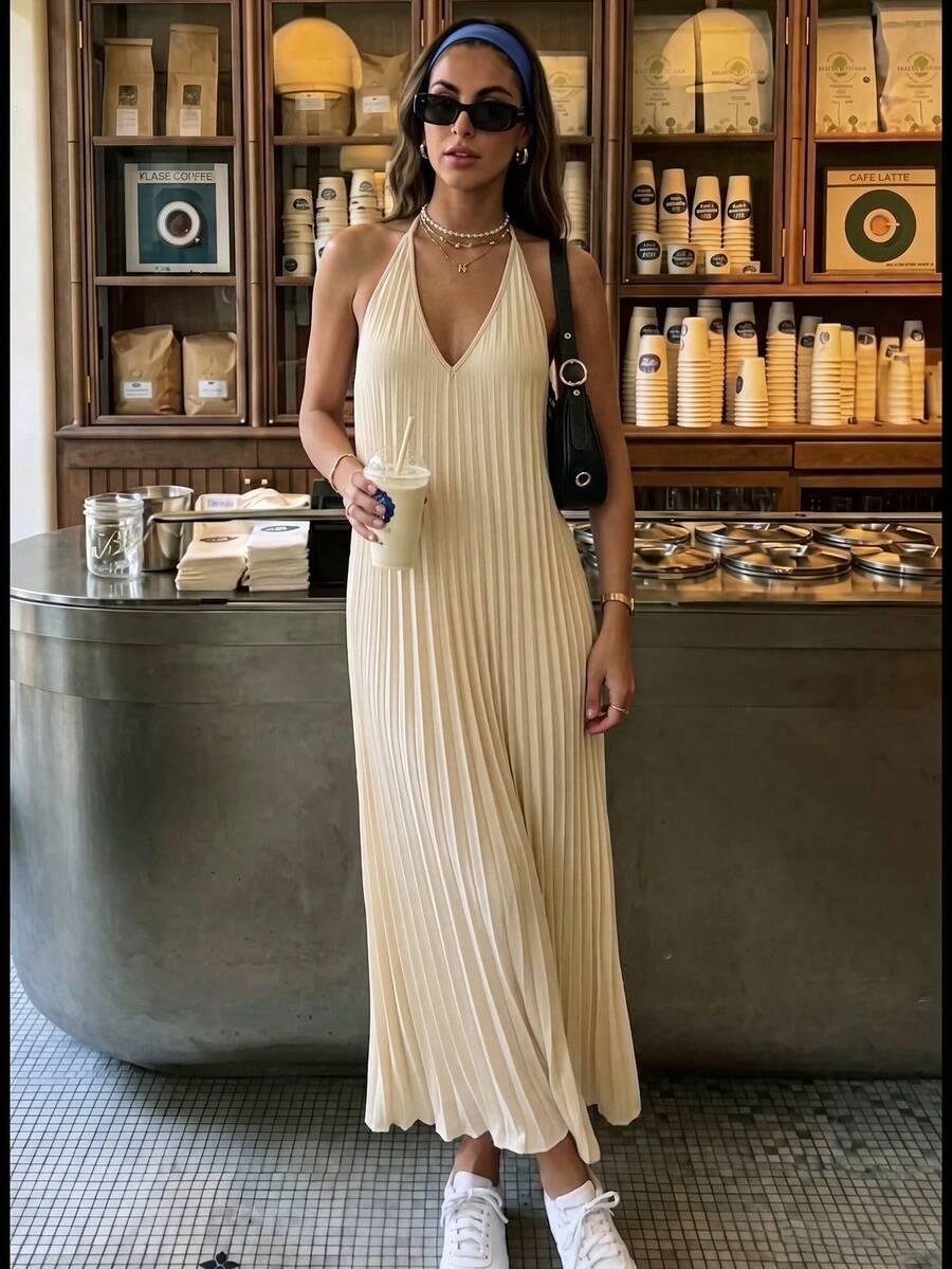 SHEIN PLISOWANA KREMOWA MAXI SUKIENKA S06__XS