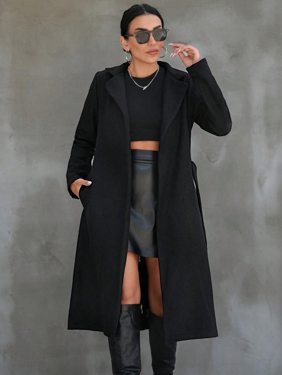 SHEIN CZARNY KLASYCZNY PŁASZCZ WIĄZANIE W01__S