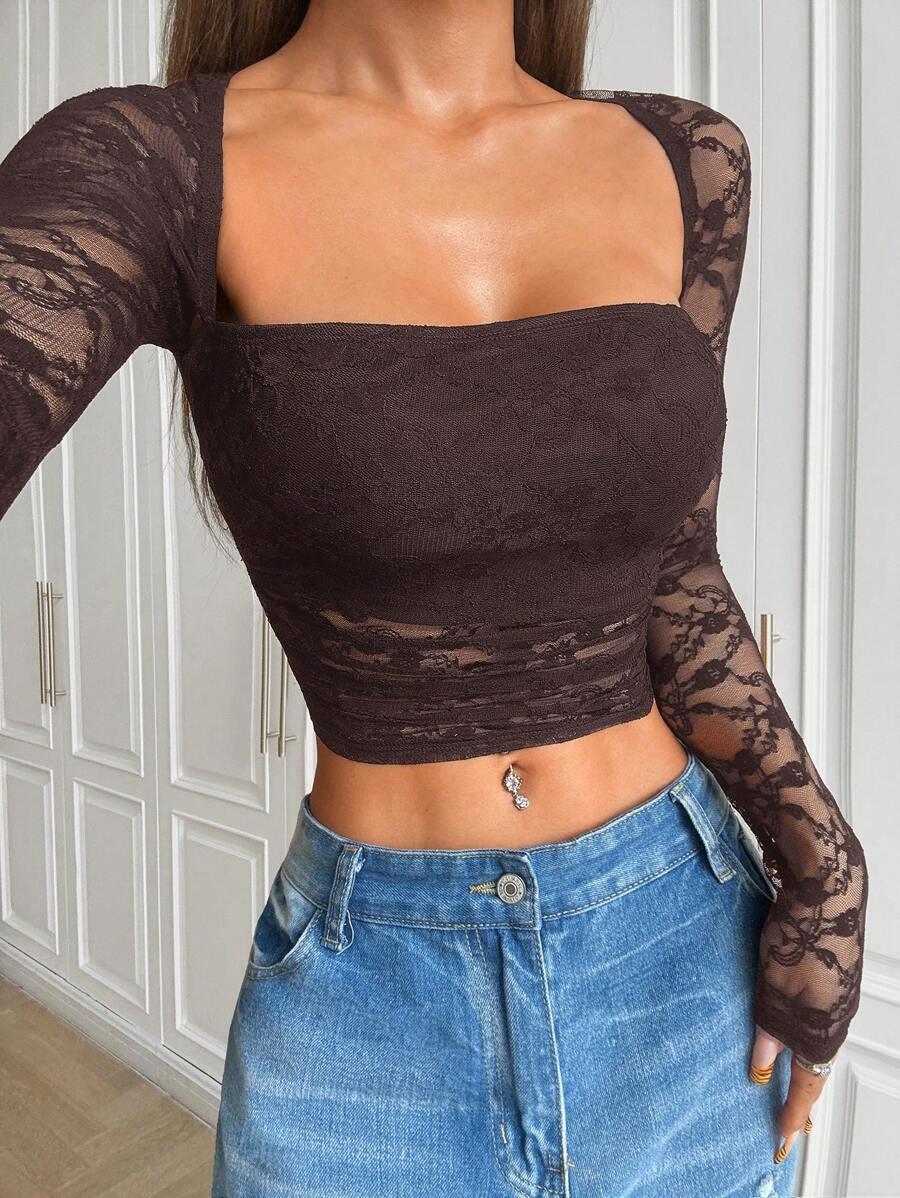 SHEIN BRĄZOWY TOP KORONKA S06__S