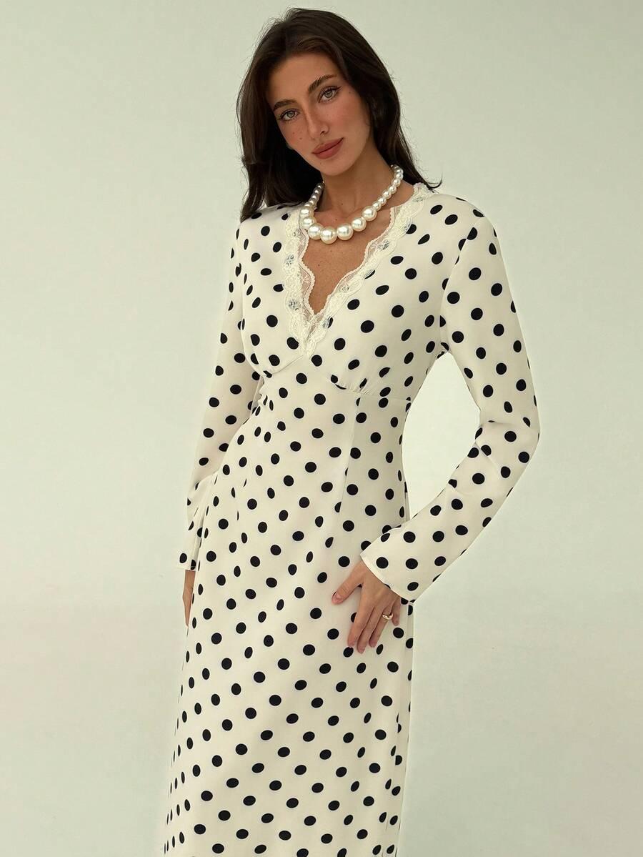 SHEIN MAXI SUKIENKA DŁUGI RĘKAW GROSZKI S06__L