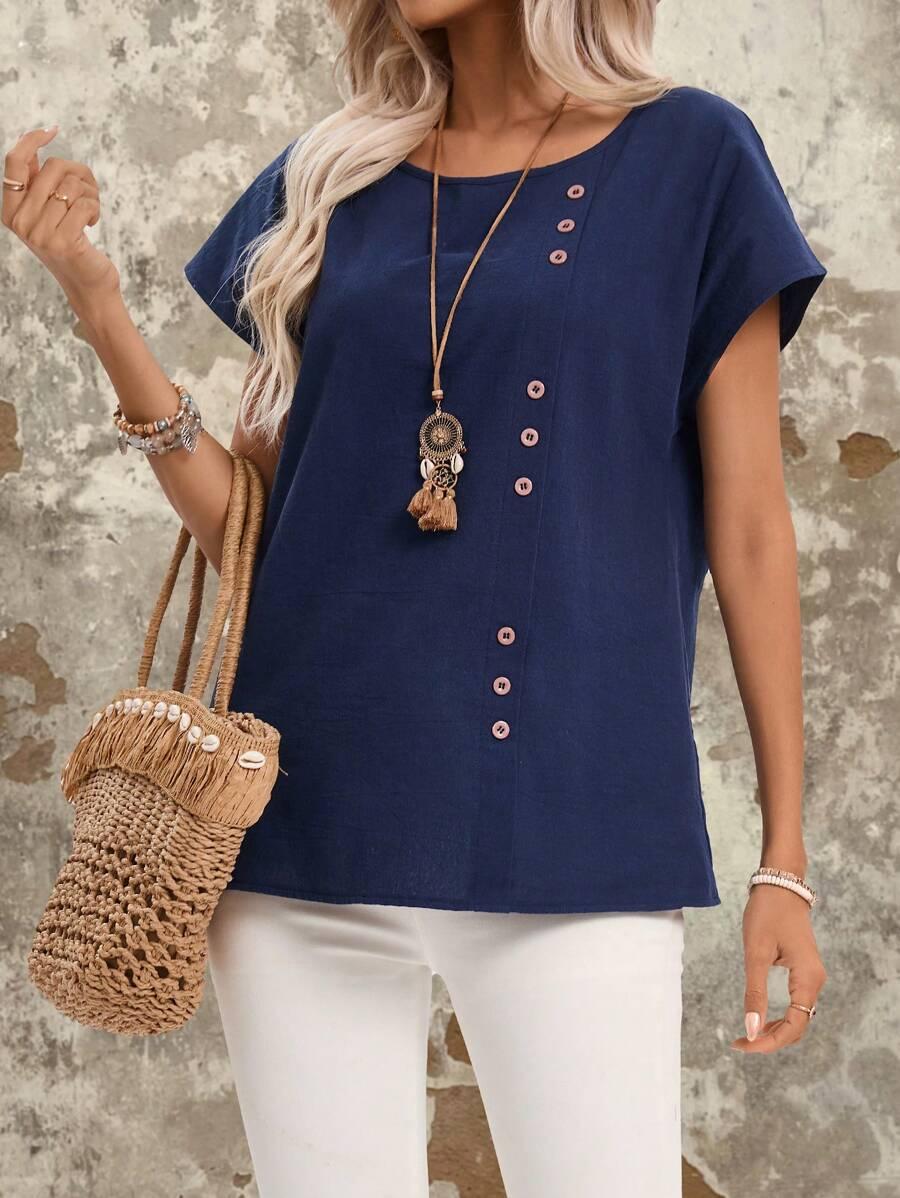 SHEIN GRANATOWA BLUZKA KRÓTKI RĘKAW S06__L